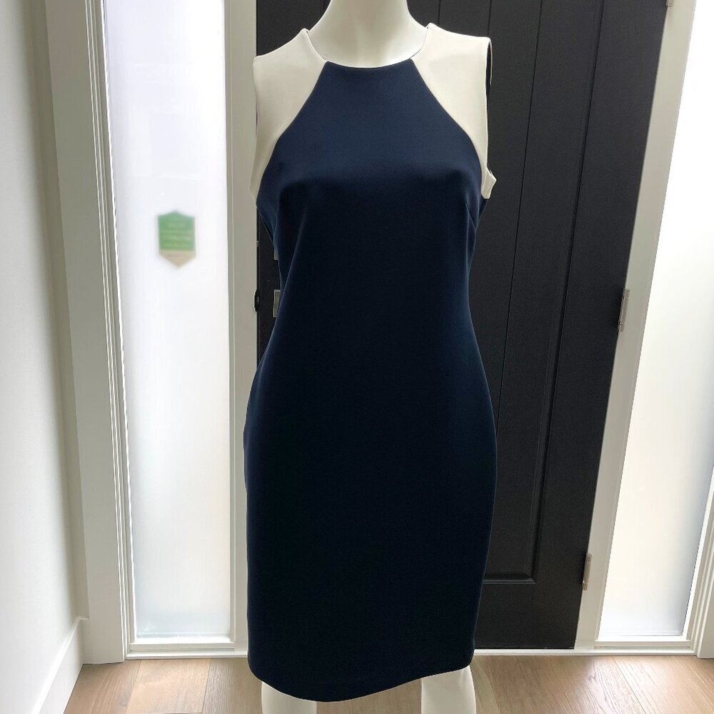 DKNY Sleeveless Colorblock Polyester Blend Sheath Midi Dress Navy + White Sz 8
